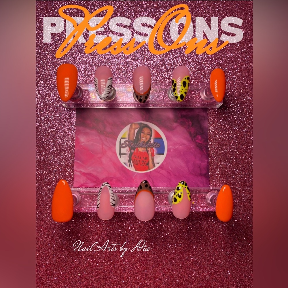 Orange & Pink Press-On Nail Set with Animal Print Accents